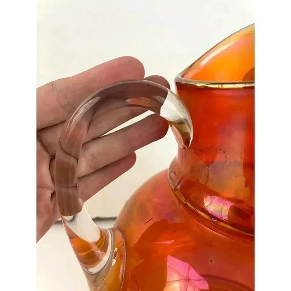 VTG Carnival Glass Orange Iridescent Pitcher Glass Blown Hand Painted 10" Floral - Picture 11 of 16